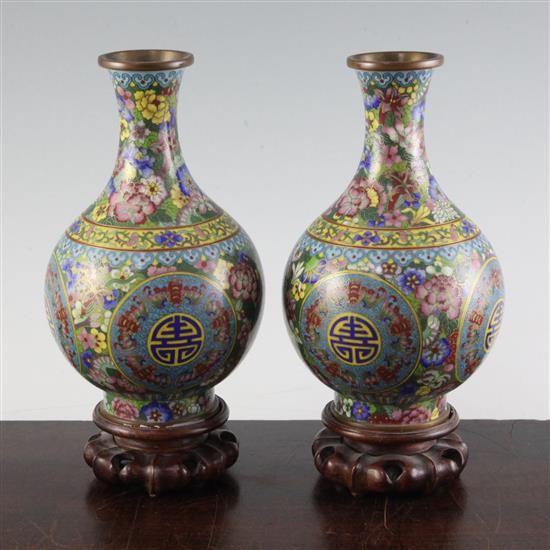 A pair of Chinese cloisonne enamel millefleur baluster vases, early 20th century, total height 22cm